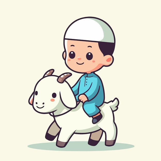 Criança muçulmana com vetor de animal sacrificial com estilo de design simples, plano e desenho animado