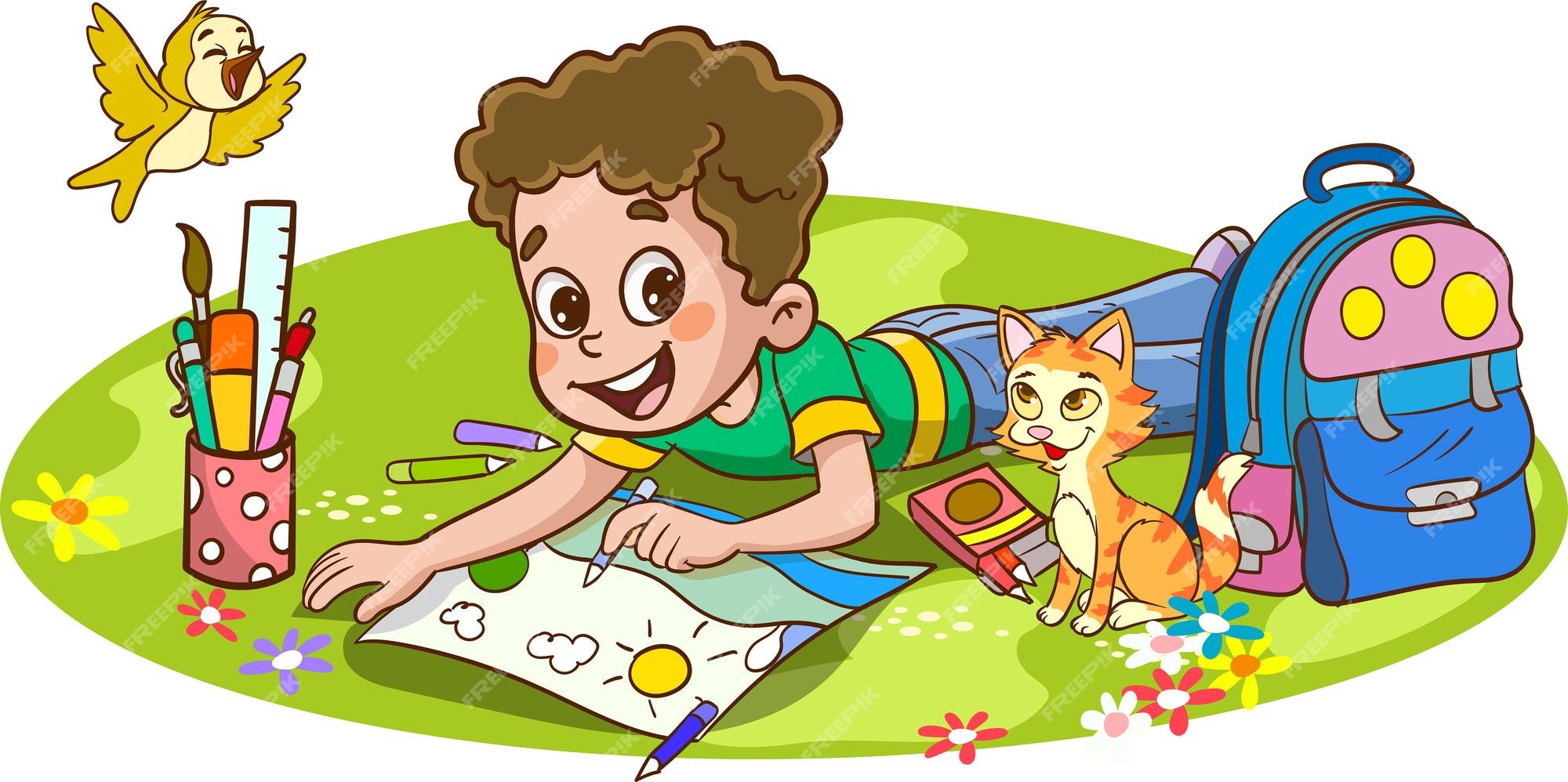 menino dos desenhos animados pintando com seu animal de estimação no parque  5162107 Vetor no Vecteezy