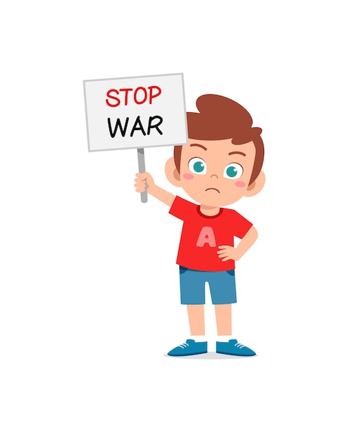 Criança segurando o sinal anti-guerra e se sente triste