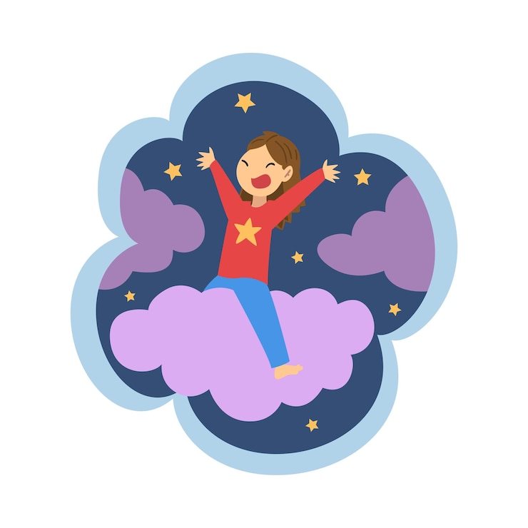Vetor criança sonha com uma nuvem de sonho doce com uma menina montando uma nuvem no céu estrelado vetor de fantasia infantil