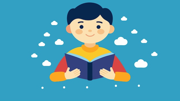 Criança sorridente lendo um livro contra um fundo azul