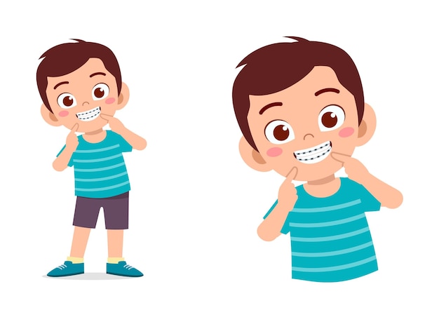 Criança usando aparelho dentário e se sente feliz