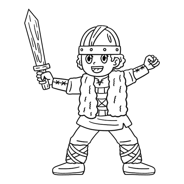 Criança Viking com Espada de Madeira Coloração Isolada