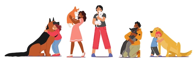 Crianças abraço cães amor ternura para animais conceito meninas e meninos crianças personagens afago com animais de estimação segurando filhotes fofos nas mãos isoladas no fundo branco desenhos animados pessoas ilustração vetorial