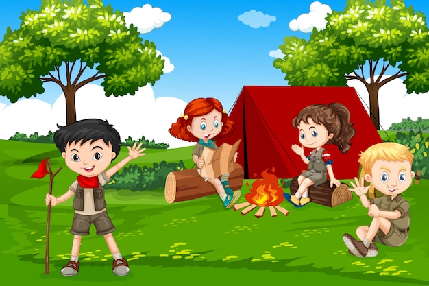 Crianças, acampamento, natureza