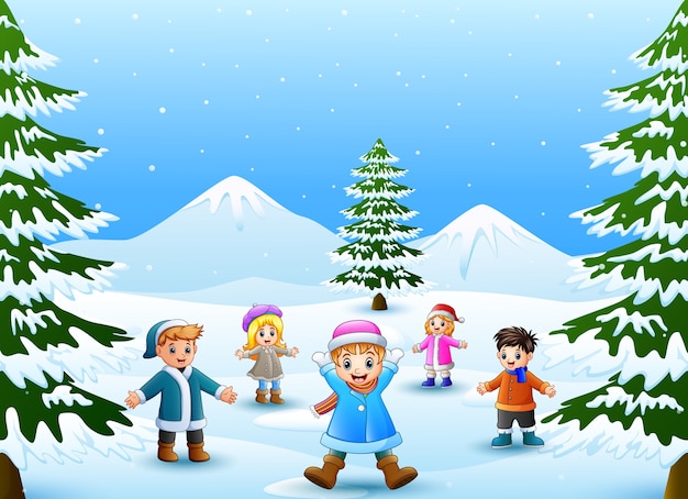 Crianças alegres brincando na neve