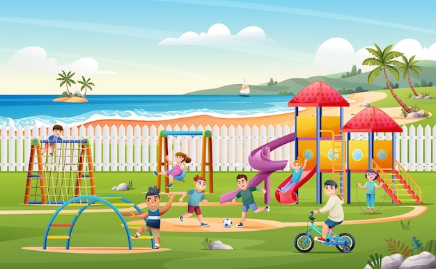 Grupo De Crianças Que Jogam O Jogo Em Um Parque Público Ou Playground Da  Escola Com Balanços, Slides, Skate, Bola, Lápis De Cor, Corda, Jogo Do  Catch-up. Infância Feliz. Ilustração Moderna. Clipart