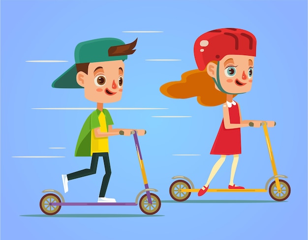 Crianças andam de scooter plana cartoon ilustração