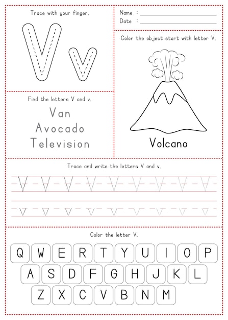 Crianças aprendendo desenho para impressão colorir e escrever alfabeto v