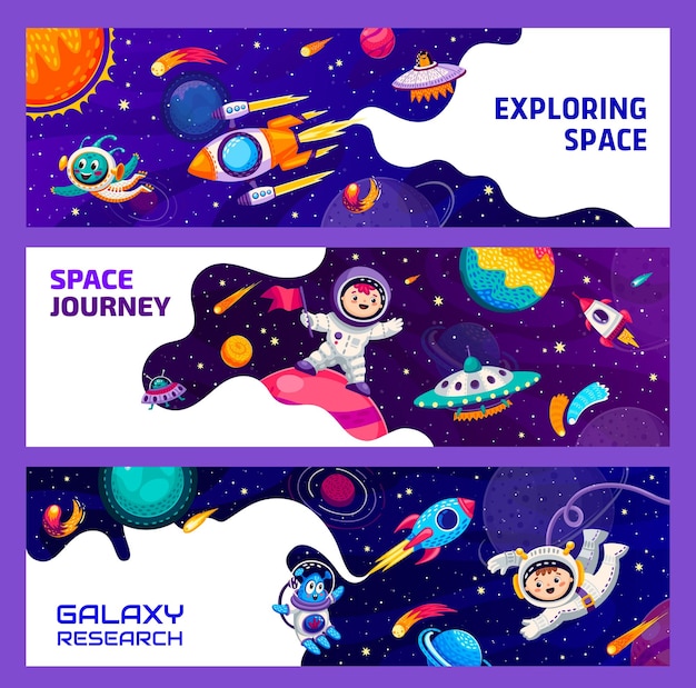 Crianças astronautas no espaço exterior Aliens UFO e planetas espaciais galáxia Cosmos exploração galáxia viagem vetor bandeiras com estranho engraçado e criança personagens astronautas voando naves espaciais no espaço exterior