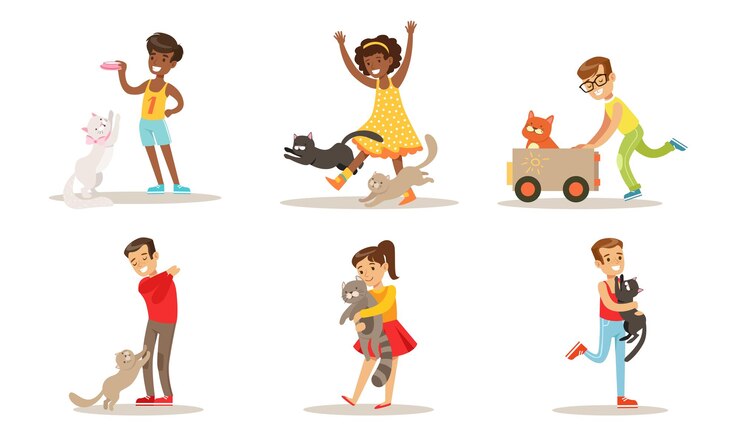 Vetor crianças bonitas brincando e cuidando de gatos adoráveis meninos e meninas se divertindo com seus animais de estimação ilustração vetorial