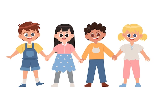 Crianças bonitas de mãos dadas vetor de desenho animado
