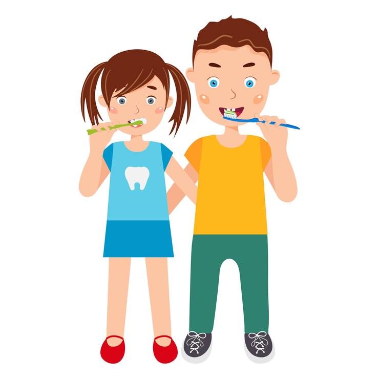 Vetor crianças bonitas escovando os dentes, higiene oral das crianças.