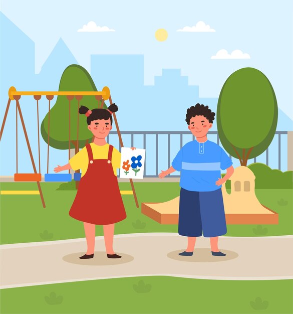 Crianças bonitas estão falando ao ar livre no playground menina mostra seu desenho para um menino