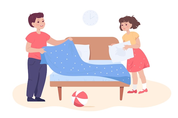 Crianças bonitas fazendo cama juntos
