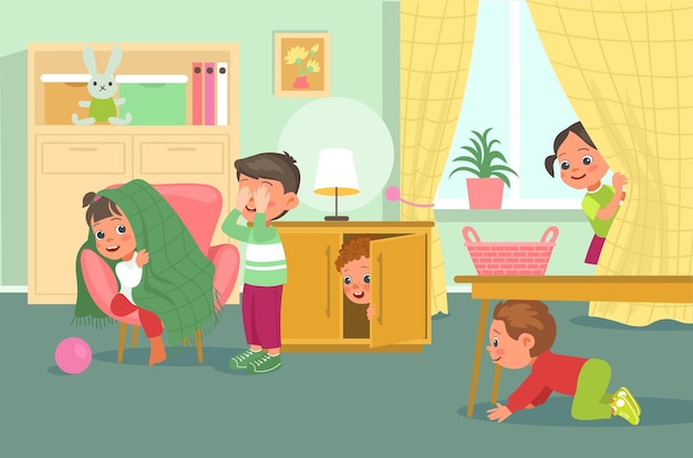 Crianças bonitas no quarto Amigos felizes brincando de esconderijo Meninas e meninos alegres engraçados em jogos em grupo Atividade infantil Jardim de infância lazer Crianças pré-escolares divertidos conceito vetorial esplêndido