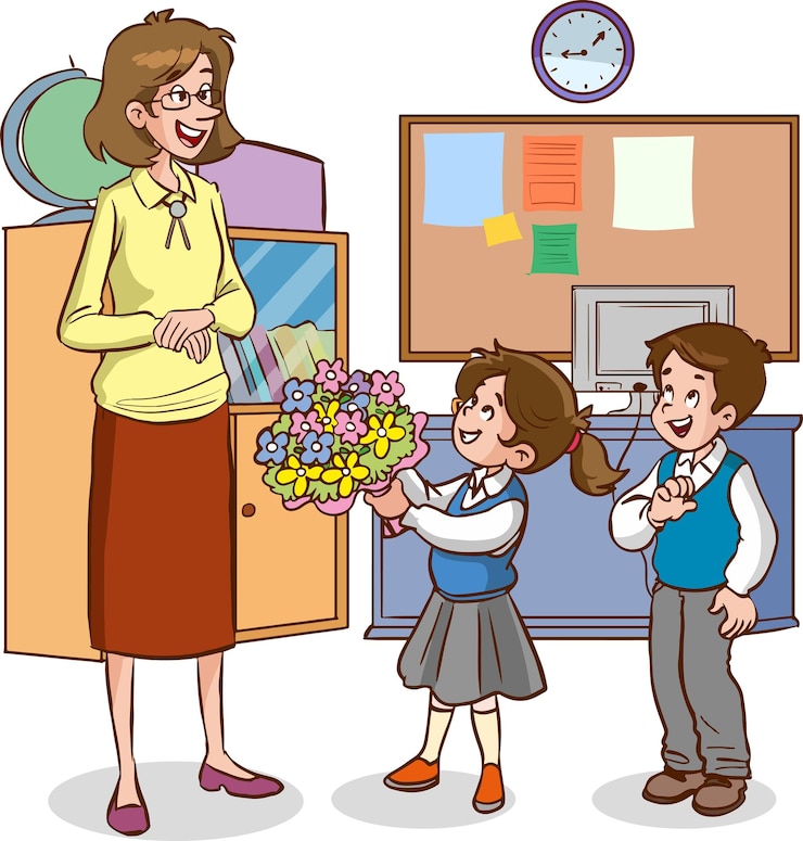 Vetor crianças bonitinhas dando flores para a professora