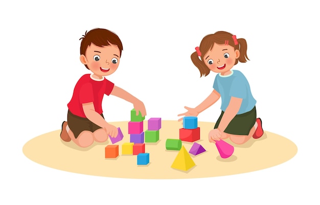 Crianças bonitinhas menino e menina brincando com blocos de construção brinquedos educativos juntos no chão