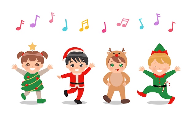 Crianças bonitos em fantasias de natal, cantando e dançando juntos.