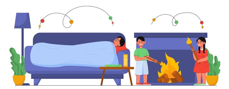 Vetor crianças brincam com conceito de fogo, situação perigosa, menino e menina dentro de casa, perto da fogueira com toras