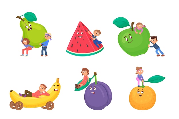 Crianças brincam com grandes frutas de desenho animado Personagens felizes refeições para bebês comida fresca Crianças segurando banana maçã laranja e fatia de melancia conjunto de vetores decente