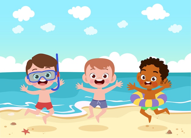 Crianças brincam na ilustração de praia