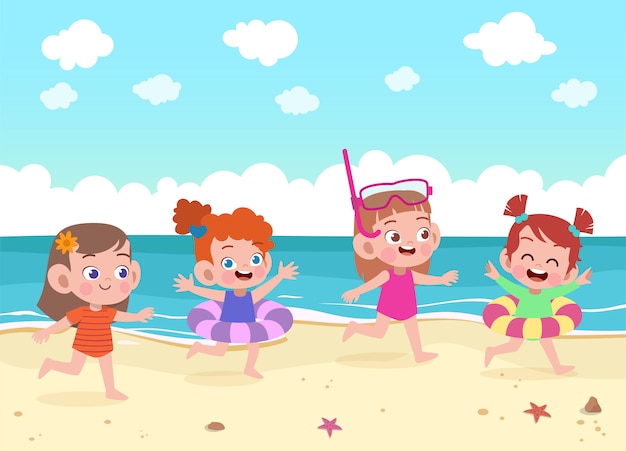 Crianças brincam na ilustração de praia