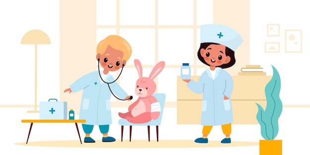 Crianças brincando de médico menino e menina em uniforme médico tratam e examinam coelho de brinquedo rosa no quarto pequenos terapeutas com pílulas e estetoscópio crianças hospital roleplaying game vector cartoon concept