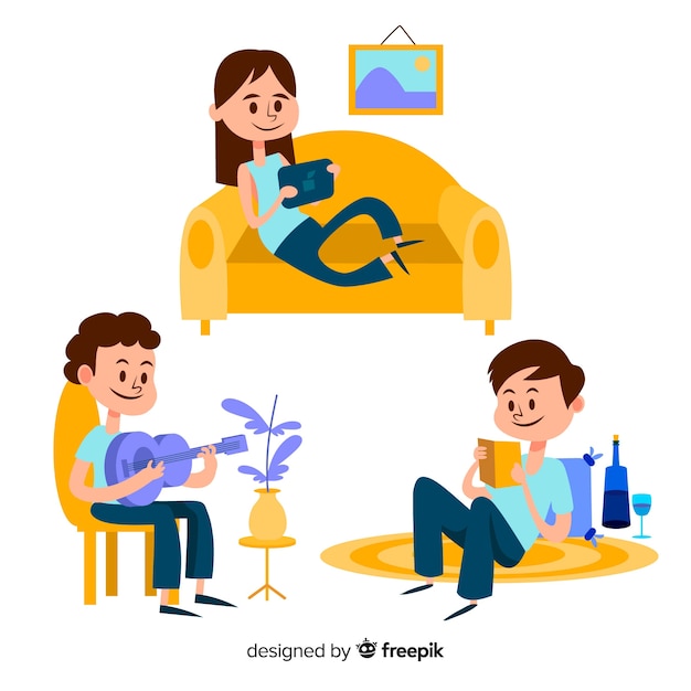 Crianças brincando e fazendo atividades em casa. Design de personagem