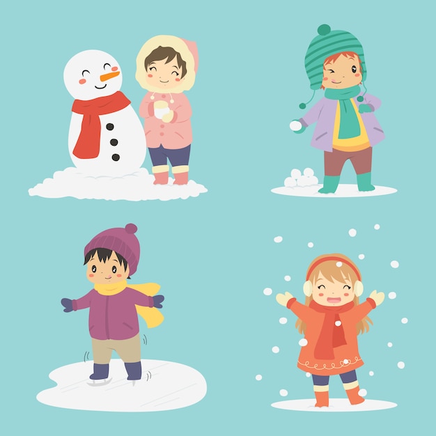 Crianças brincando na coleção de vetor de férias de inverno