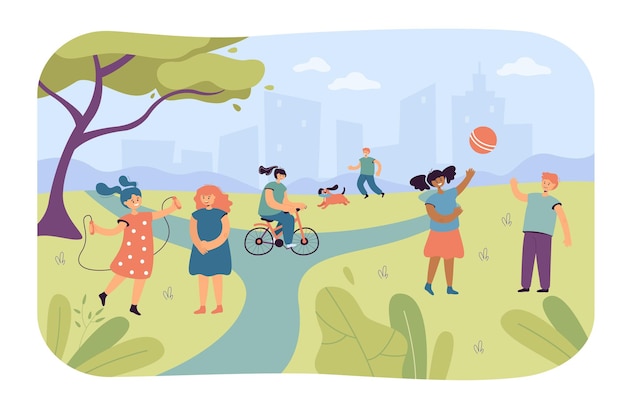 Crianças brincando no parque da cidade. Ilustração vetorial plana
