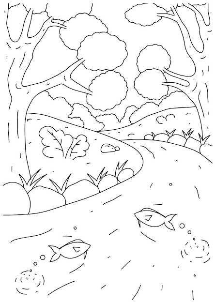 Crianças colorir livro página 1 floresta rio natureza