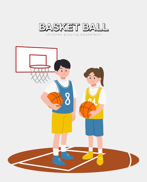 Crianças com bola de basquete, cesta de basquete, ilustração vetorial