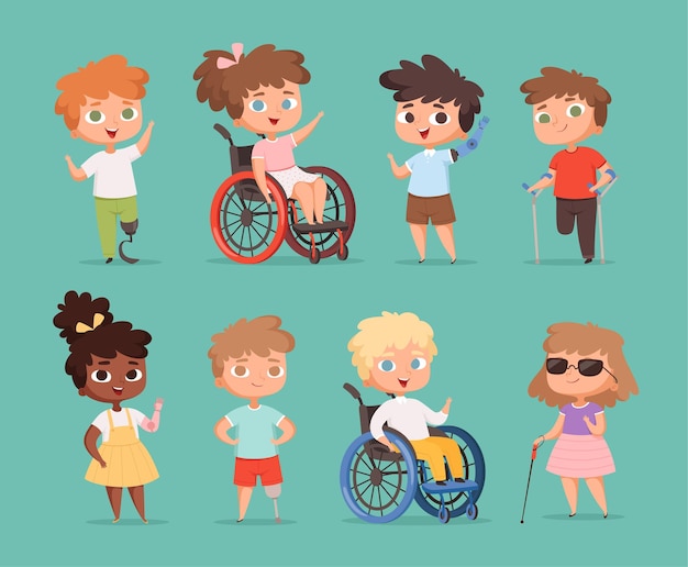Crianças com deficiência. Crianças sentadas em cadeiras de rodas deficientes pequeninos em ilustrações de desenhos animados da escola.