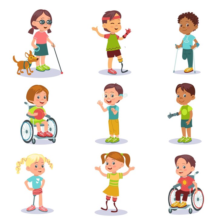 Vetor crianças com deficiência pequenos meninos e meninas com deficiência adolescentes com próteses e muletas criança paralisada em cadeira de rodas pessoas com deficiência cão guia cego ou surdo esplêndido conjunto de vetores