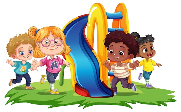 Crianças com diferentes raças brincando no escorregador do playground