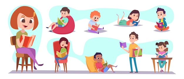 Crianças com livros Processos educacionais na biblioteca Crianças segurando e lendo livros conjunto de ilustrações vetoriais exatas