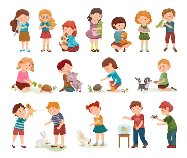 Crianças com seus animais de estimação. ilustrações fofas com personagens de desenhos animados.