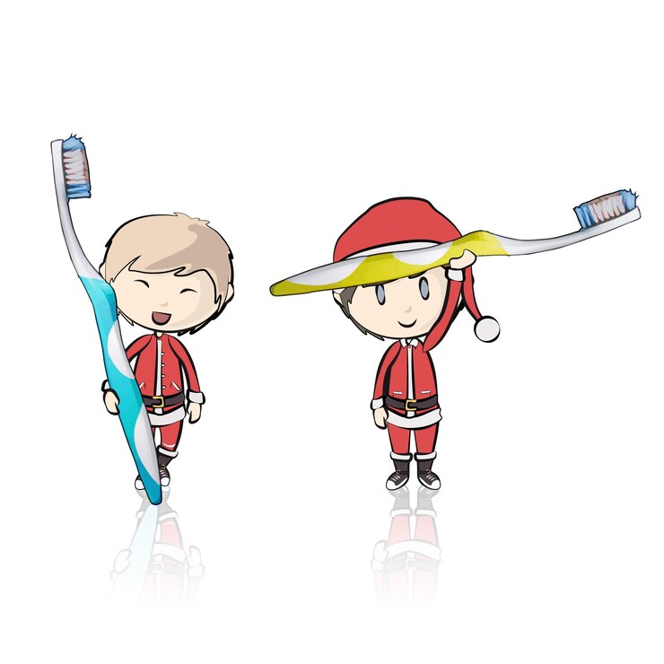 Vetor crianças com traje de papai noel segurando escova de dentes