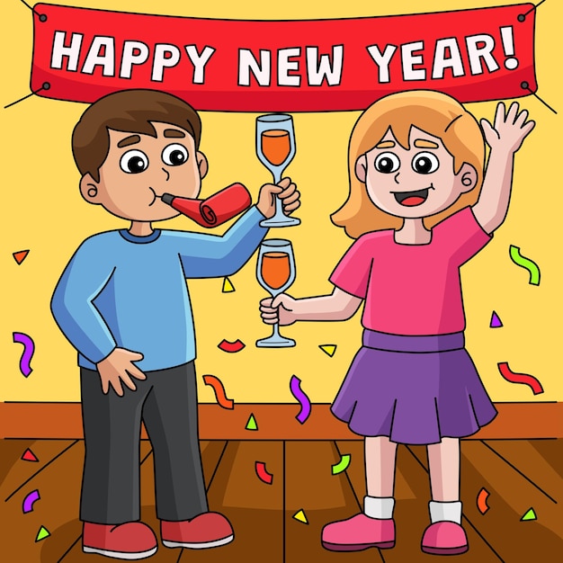 Crianças comemorando desenhos animados coloridos de ano novo