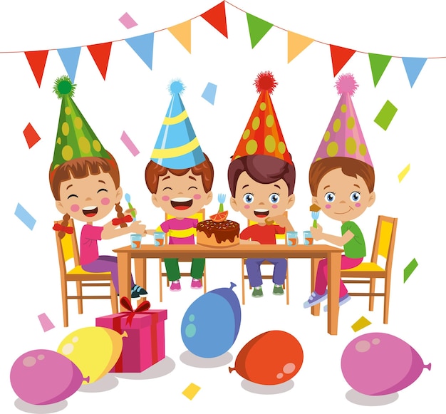 Crianças comendo bolo com festa de aniversário