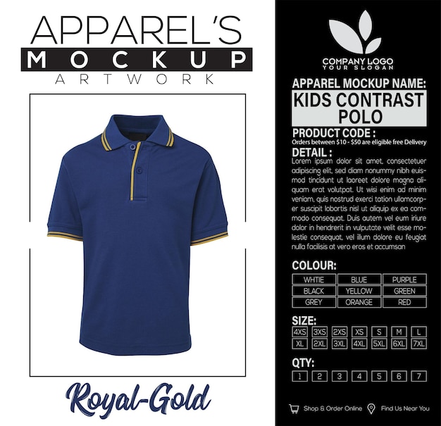 Vetor crianças contrast polo royalgold vestuário mockup arte