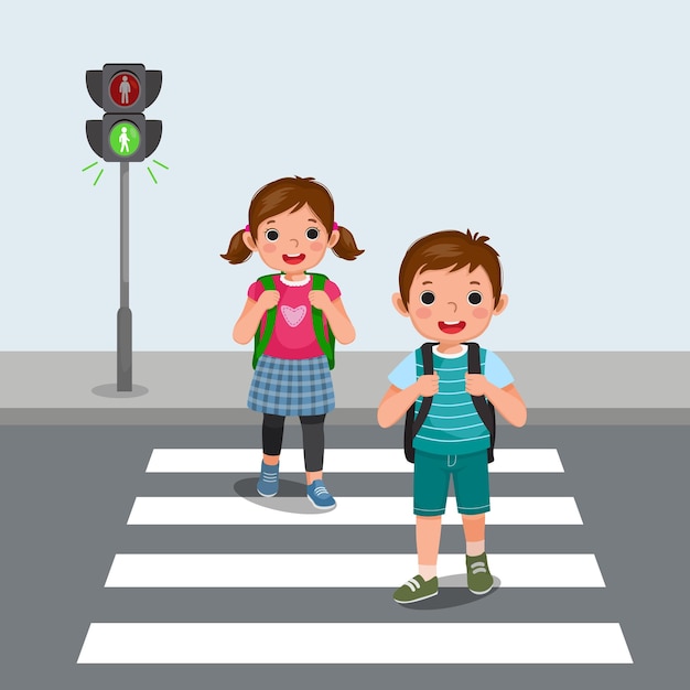 Crianças da escola com mochila andando cruzando a estrada perto do semáforo de pedestres na zebra cross