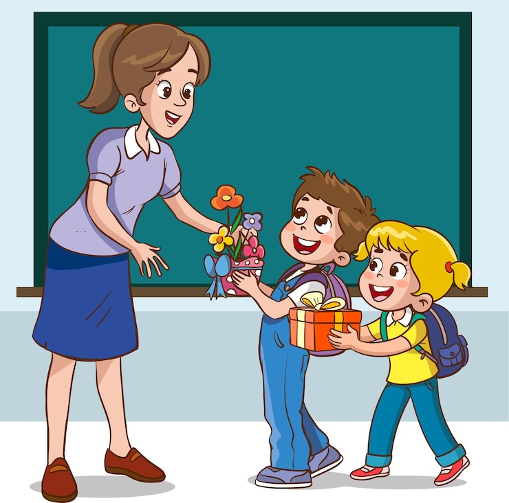 Vetor crianças dando um buquê de flores ao seu professor ilustração simples para professores felizes