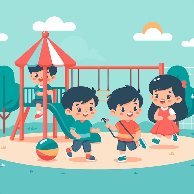Crianças de desenho animado bonitas a brincar felizmente num parque infantil.