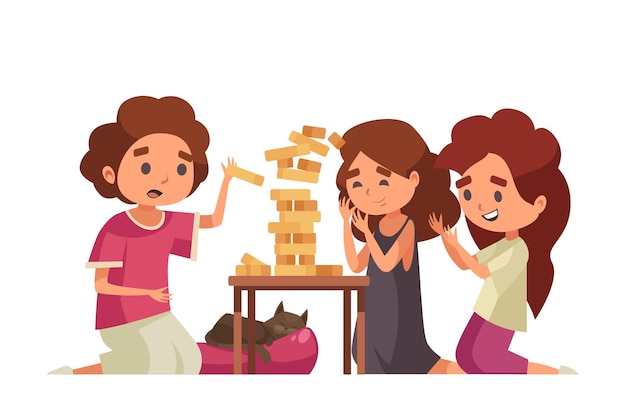 Crianças de desenho animado brincando de jenga