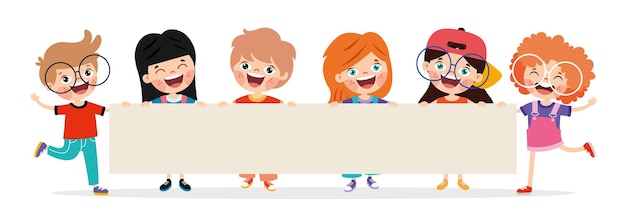 Crianças de desenhos animados com banner em branco