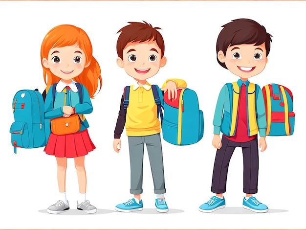 Vetor crianças de escola de pé segurando livros com mochilas personagens de desenhos animados ai_generated