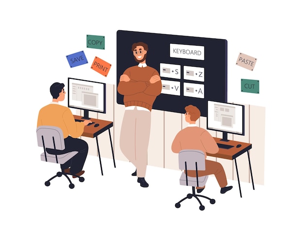 Crianças de escola estudando na lição de ciência da computação Professor de tecnologia da informação ensinando para crianças alunos na classe Alunos na sala de aula Ilustração vetorial plana isolada em fundo branco