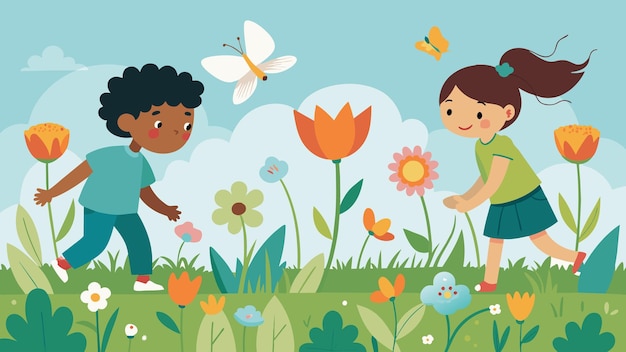 Vetor crianças de ponta dos pés atravessam um prado, avistando flores silvestres e borboletas enquanto descobrem a beleza